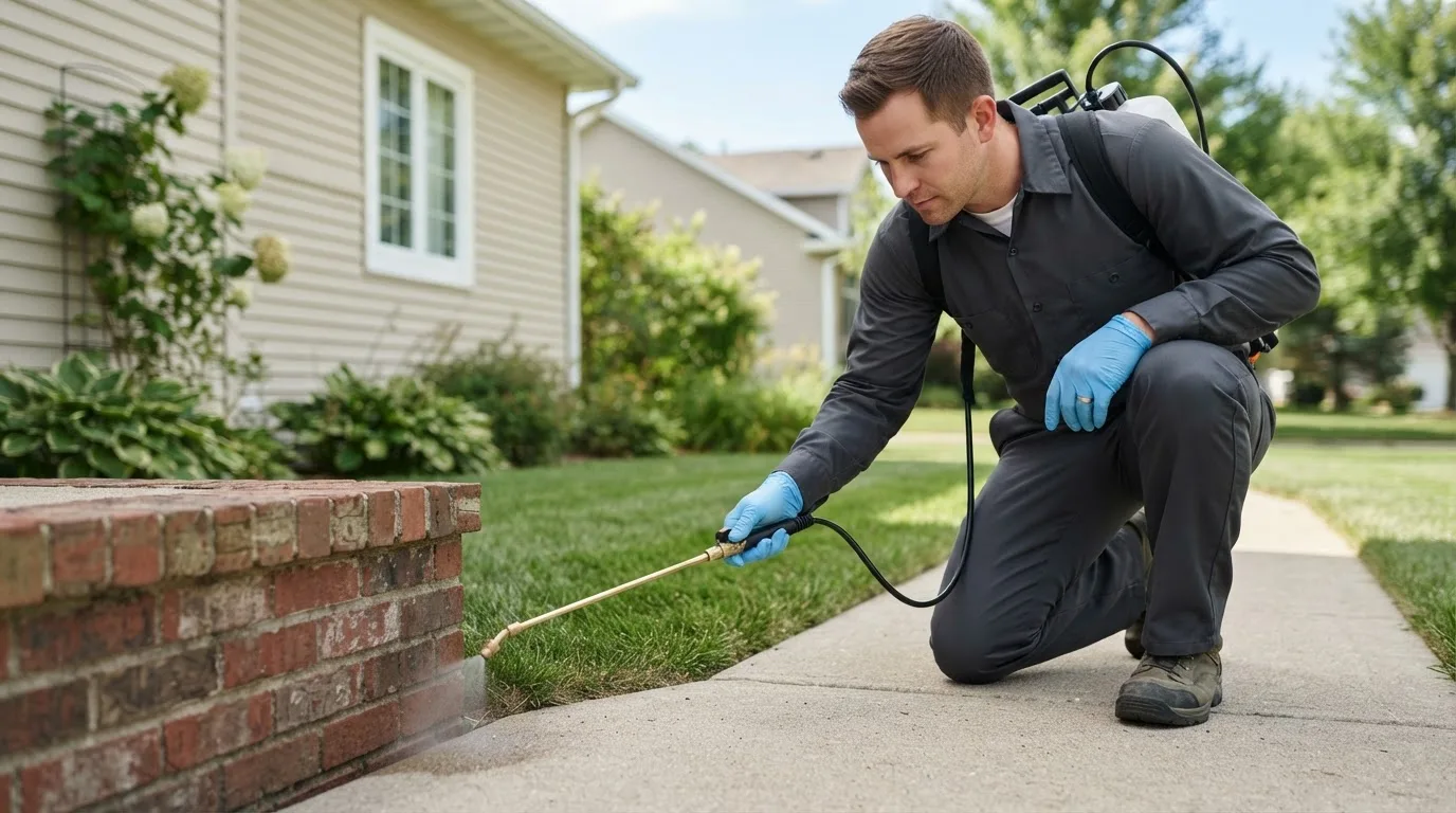 Pest control technician treating a home near Renner, SD